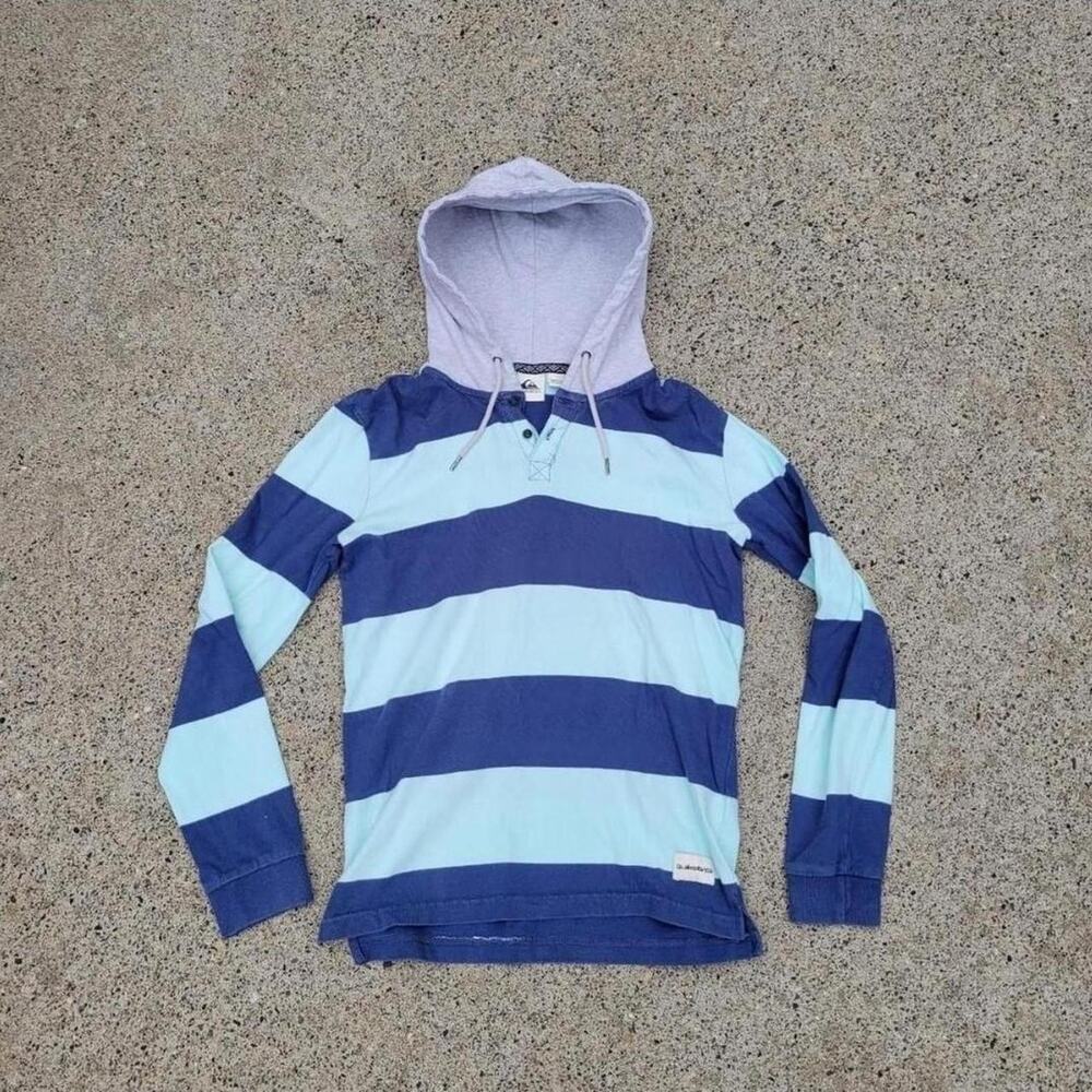 Vtg Y2k QUIKSILVER Stripe Skate Surf After Hood Longsleeve Polo Shirt Hoodie Sm